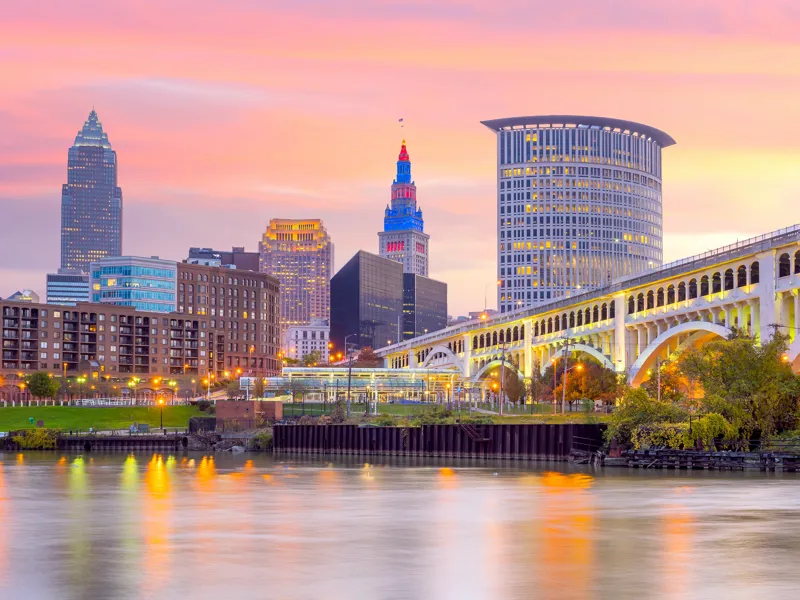 Downtown skyline at dusk.